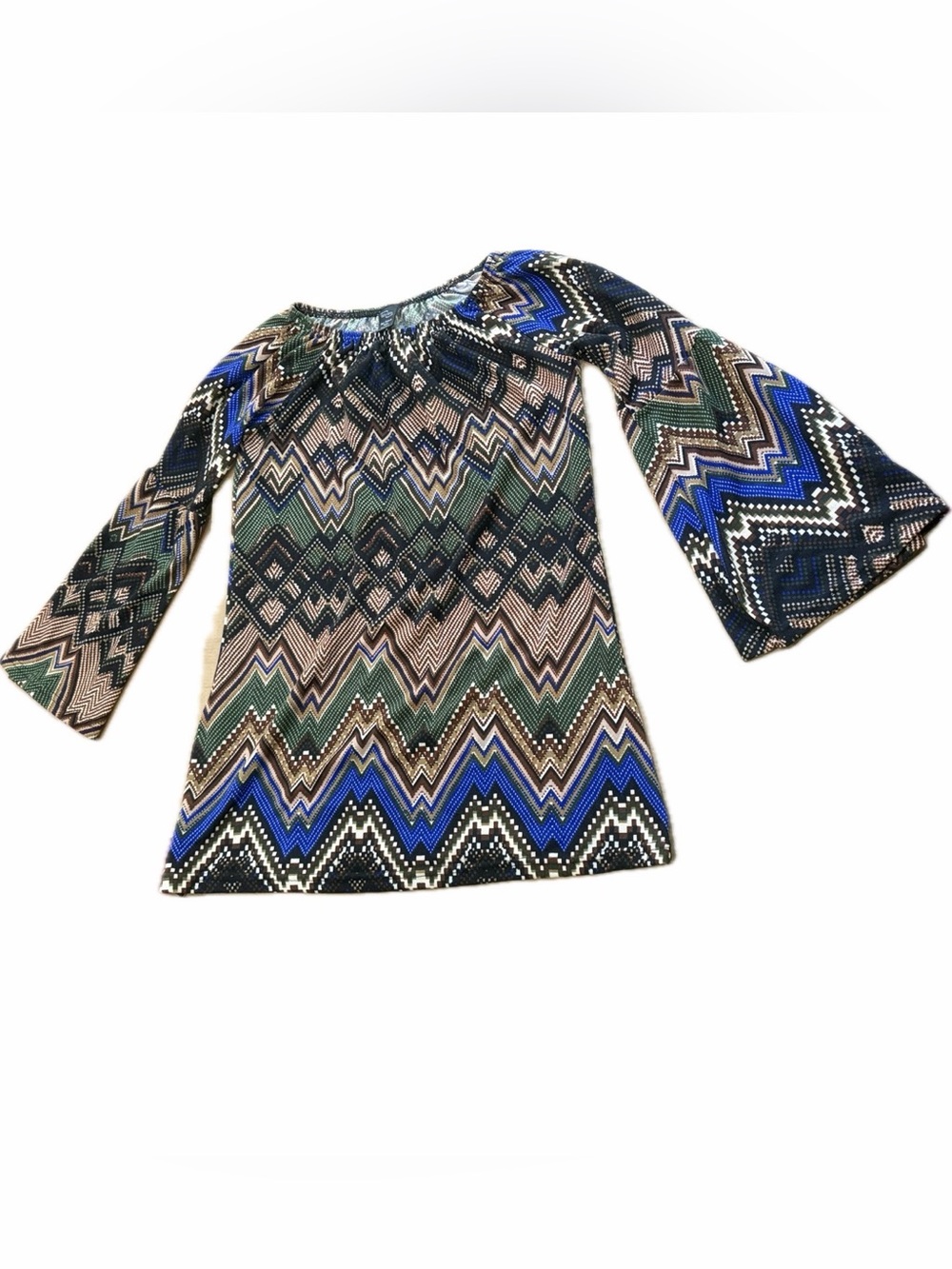 Win Win Boho Chevron Zig Zag Bell Sleeve Tunic Top Size S M Brown Blue Green EUC